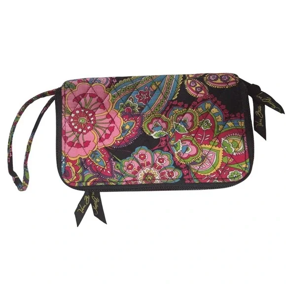Vera Bradley Zip Around Wallet Wristlet Cottagecore Paisley Floral Black - Picture 4 of 4